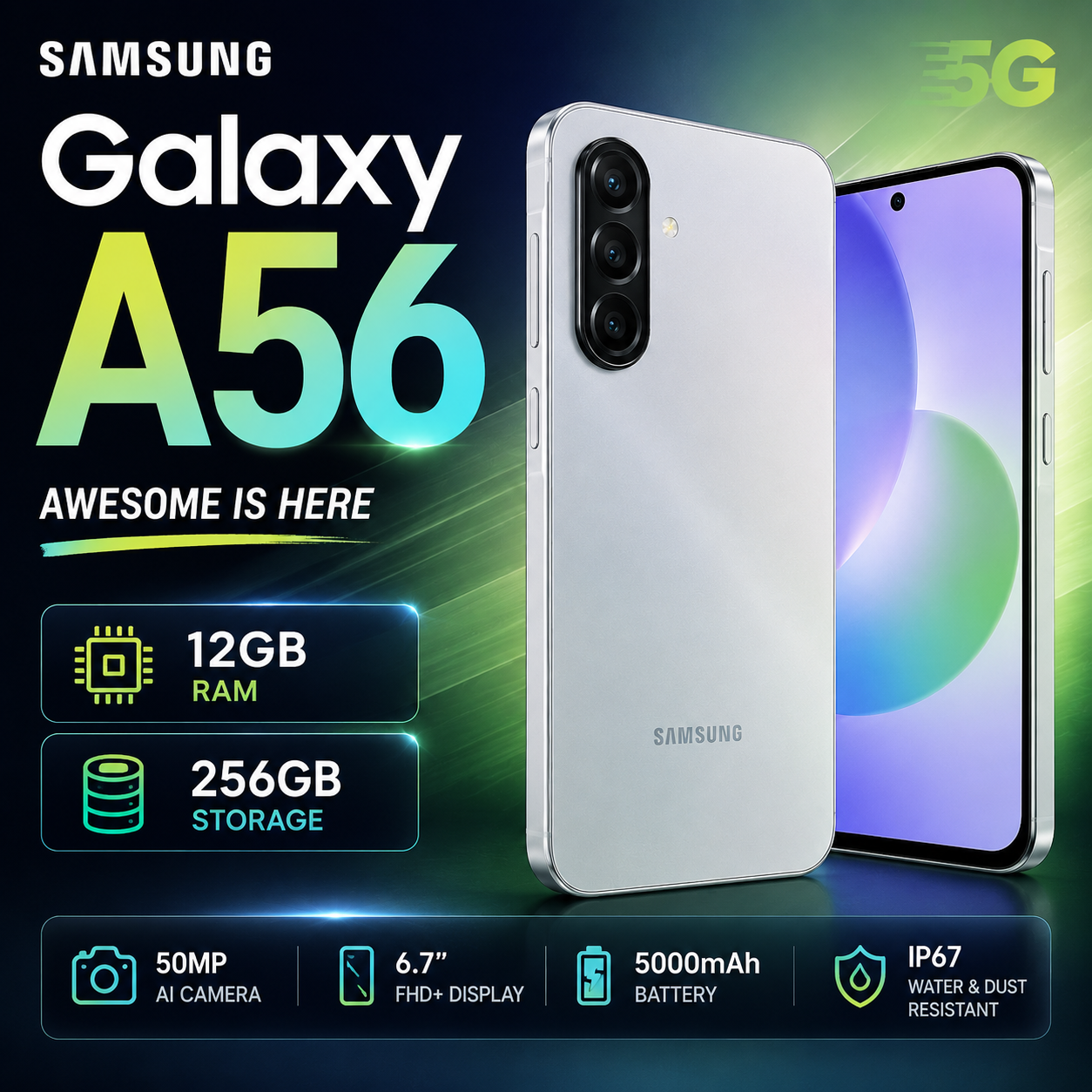 گوشی موبایل سامسونگ مدل Galaxy A56 5G دو سیم کارت ظرفیت 256 گیگابایت و رم 12 گیگابایت