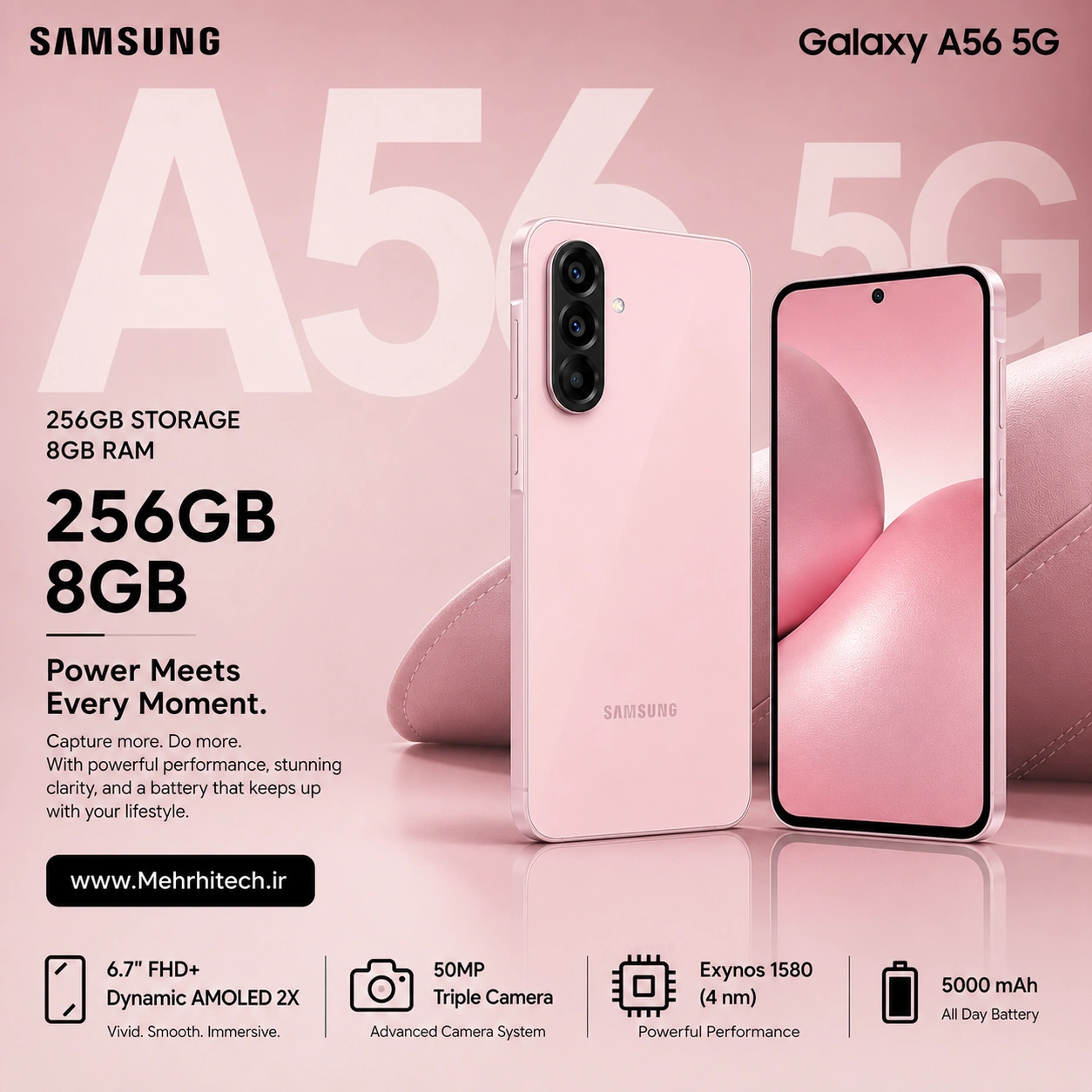 گوشی موبایل سامسونگ مدل Galaxy A56 5G دو سیم کارت ظرفیت 256 گیگابایت و رم 8 گیگابایت