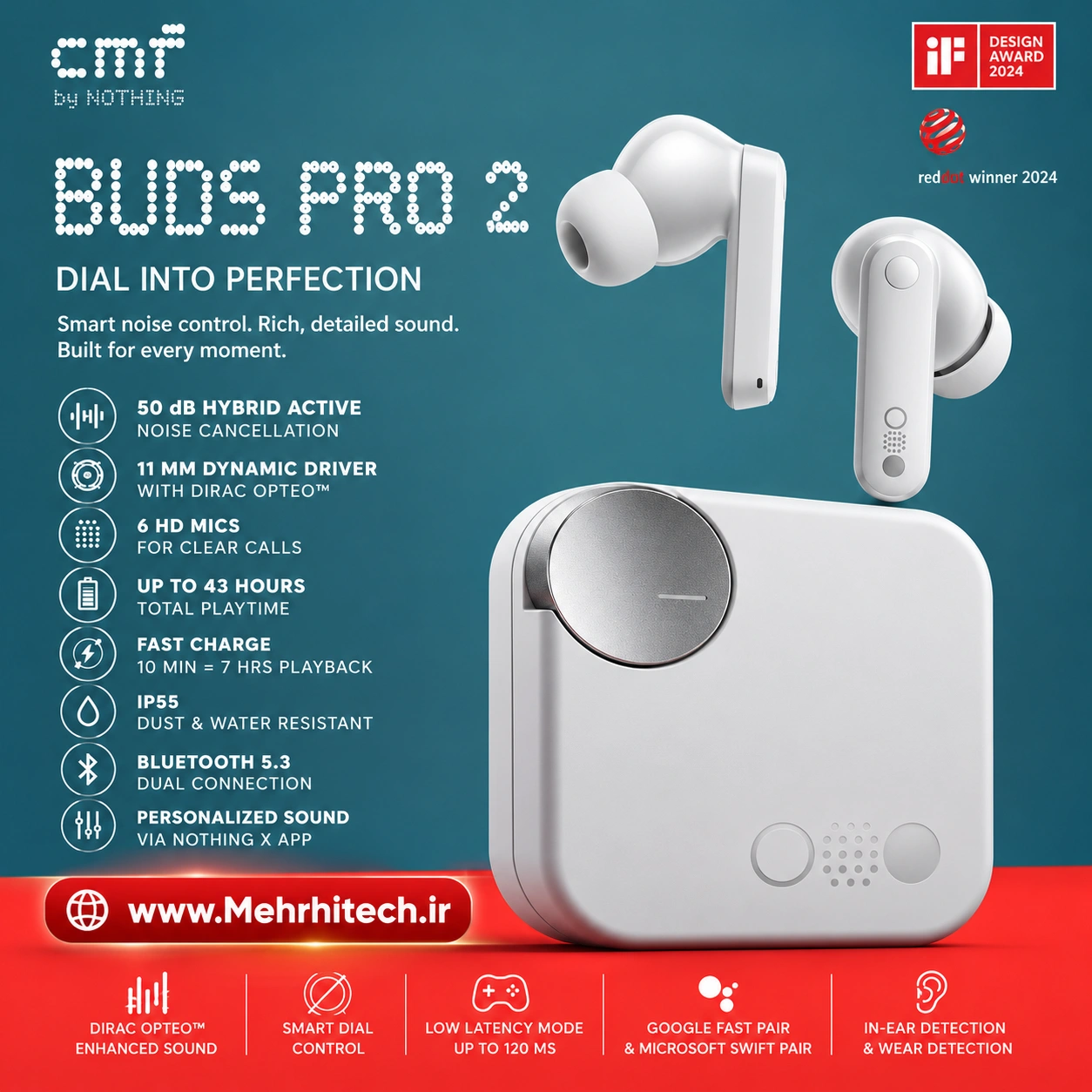 هندزفری بلوتوثی CMF by Nothing Buds Pro 2 با نویز کنسلینگ ANC