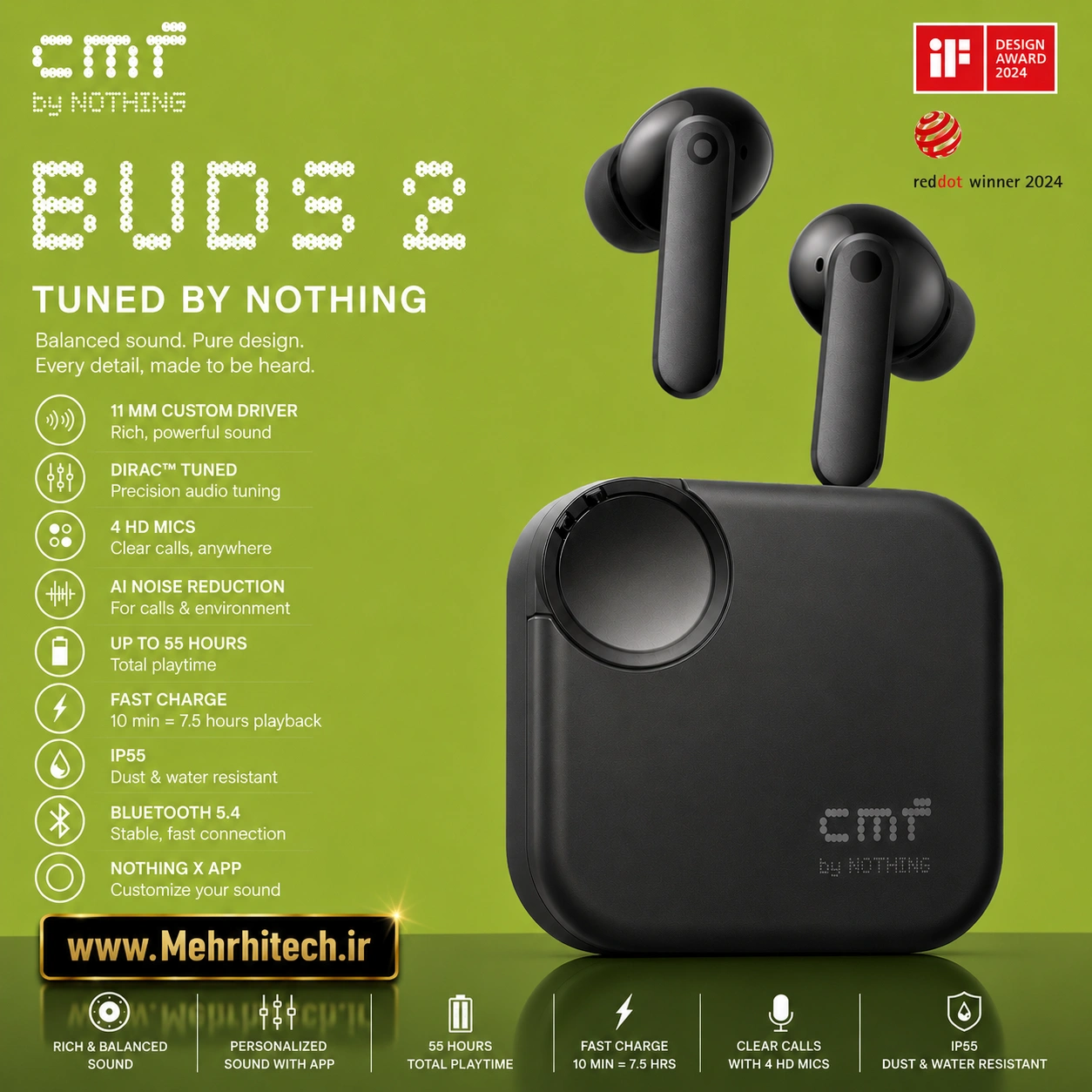 هدفون بی‌سیم CMF Buds 2 by Nothing | نویز کنسلینگ ANC، صدای Hi-Res و باتری 55 ساعته