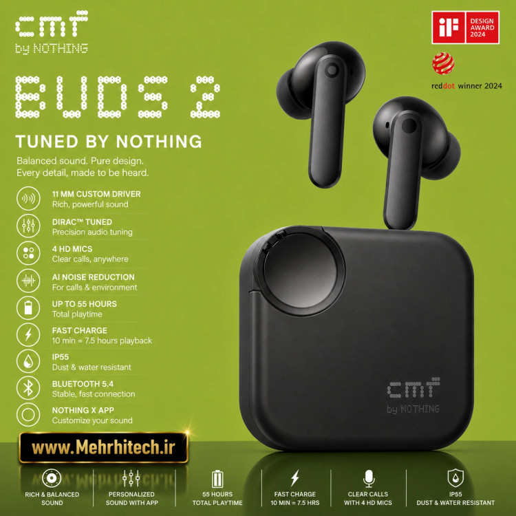 هدفون بیسیم CMF Buds 2 by Nothing | نویز کنسلینگ ANC، صدای Hi-Res و باتری 55 ساعته
