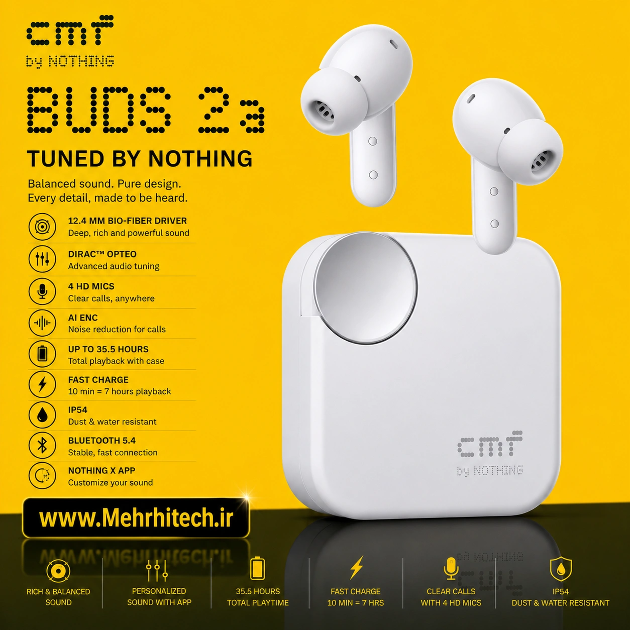 هندزفری بلوتوثی CMF Buds 2a by Nothing | نویز کنسلینگ ANC، درایور 12.4 میلی‌متری و باتری 35.5 ساعته