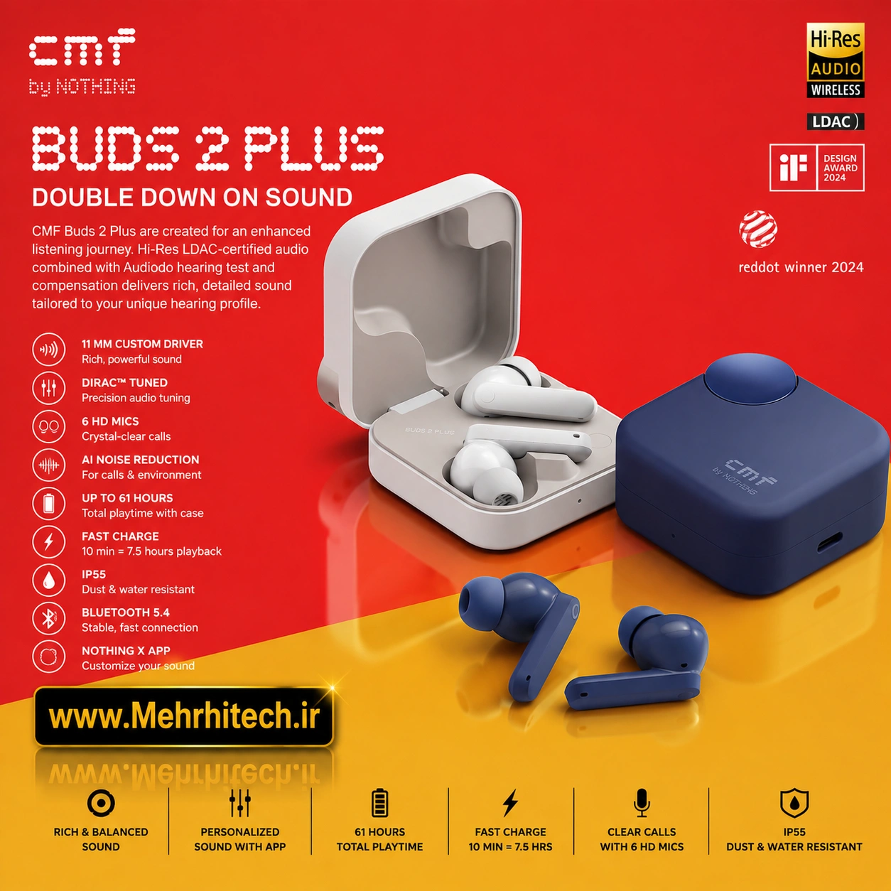 هندزفری بلوتوثی CMF Buds 2 Plus by Nothing | نویز کنسلینگ ANC، صدای Hi-Res و باتری طولانیمدت
