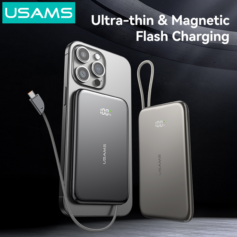 پاوربانک مگنتی یوسمز USAMS CD227 ظرفیت 5000 میلیآمپر ساعت | شارژ سریع PD 20W، کابل Type-C داخلی و نمایشگر دیجیتال
