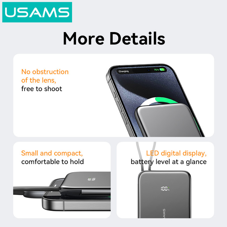 پاوربانک مگنتی یوسمز USAMS CD227 ظرفیت 5000 میلیآمپر ساعت | شارژ سریع PD 20W، کابل Type-C داخلی و نمایشگر دیجیتال