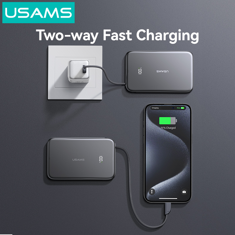 پاوربانک مگنتی یوسمز USAMS CD227 ظرفیت 5000 میلیآمپر ساعت | شارژ سریع PD 20W، کابل Type-C داخلی و نمایشگر دیجیتال
