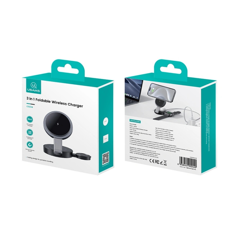 شارژر بیسیم مگنتی 3 در 1 یوسمز USAMS CD234 | شارژ همزمان موبایل، اپل واچ و ایرپاد