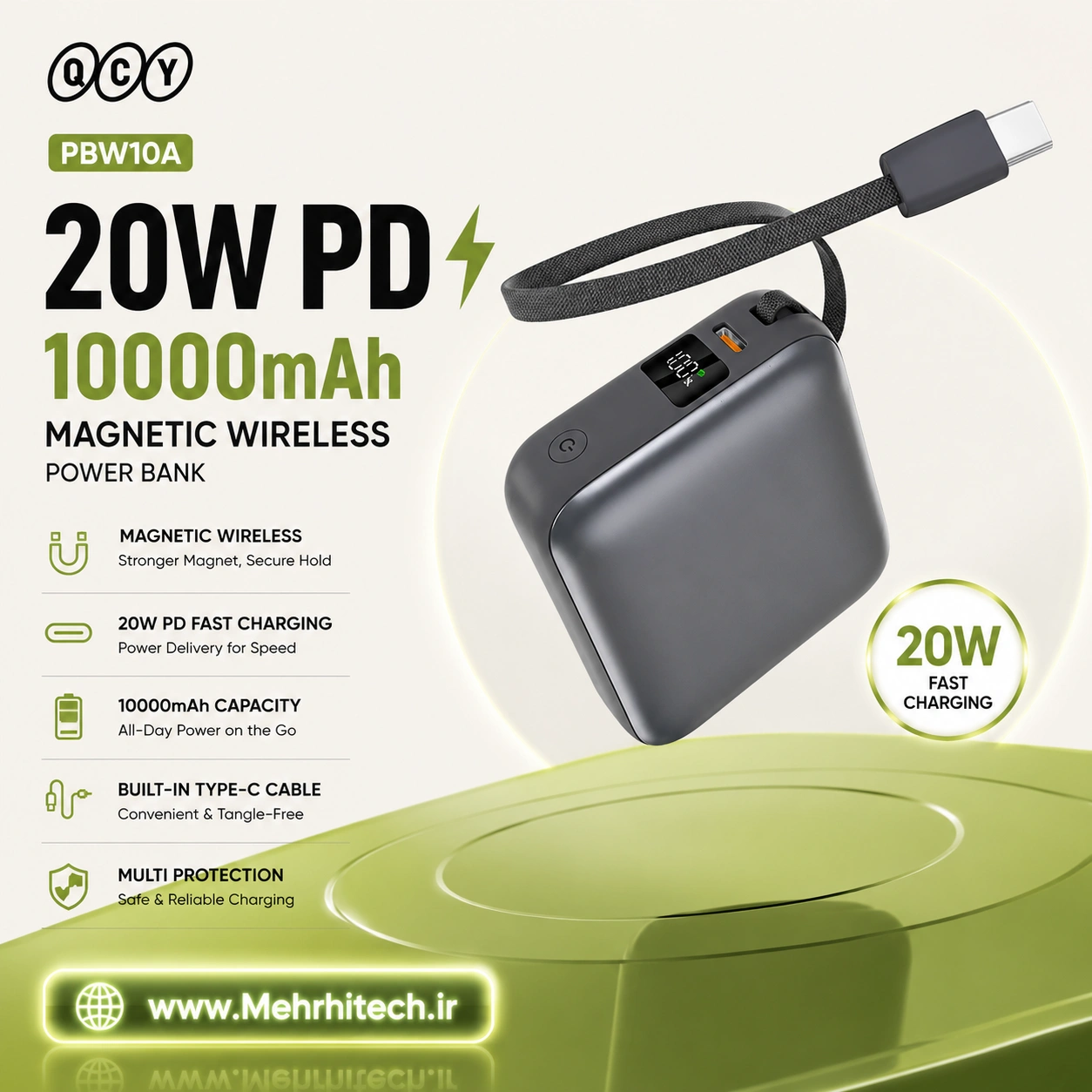 پاوربانک مگنتی کیو سی وای QCY PBW10A ظرفیت 10000 میلیآمپر ساعت | شارژ سریع 22.5 وات و شارژ بیسیم 15 وات