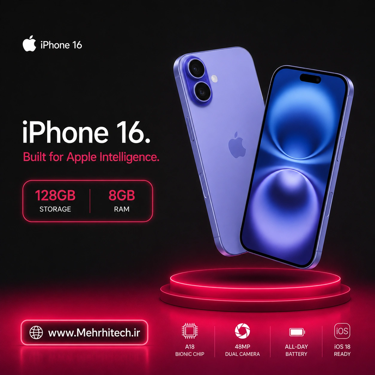 گوشی موبایل اپل مدل iPhone 16 ظرفیت 128 گیگابایت رم 8 گیگابایت | نات اکتیو با گارانتی