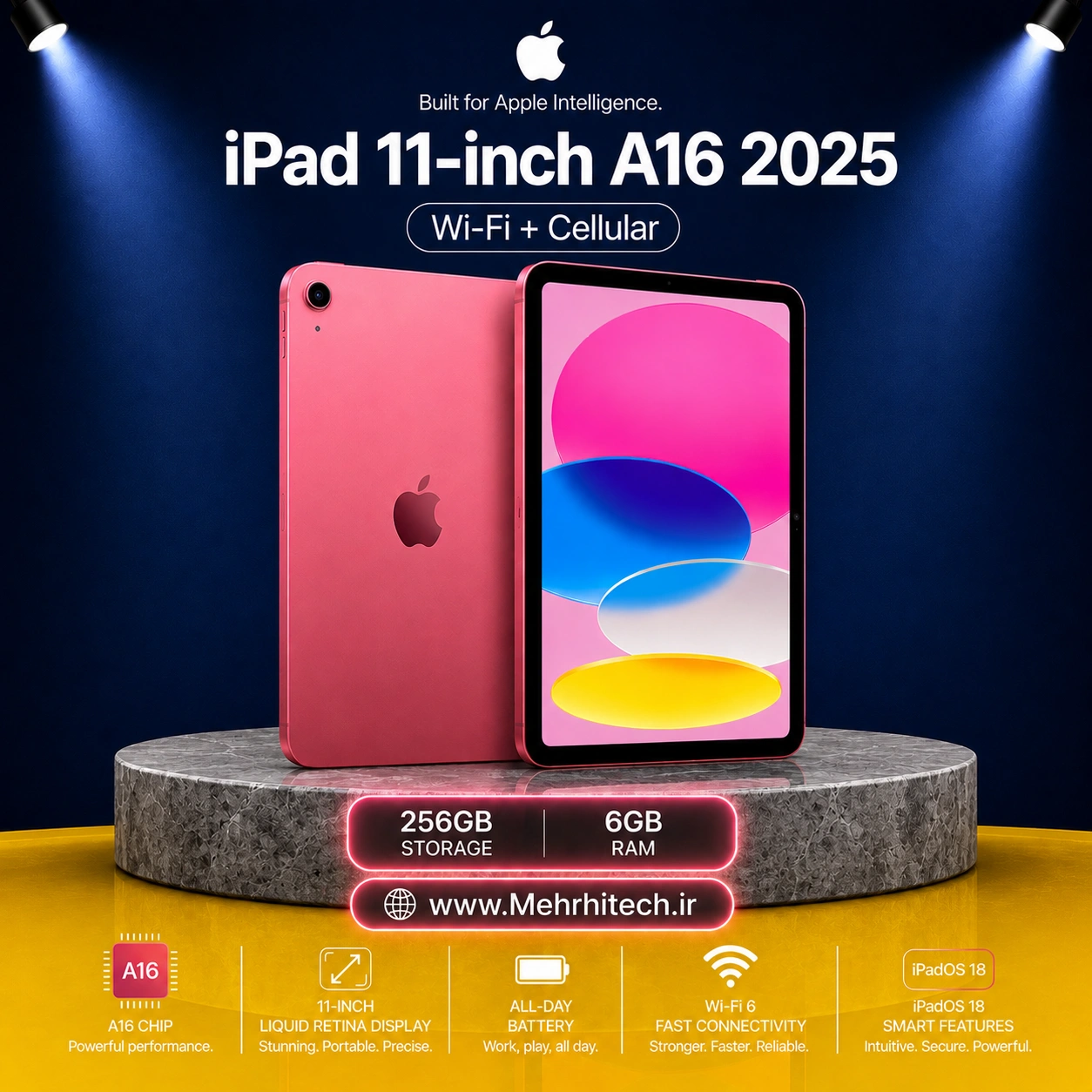 تبلت اپل مدل iPad 11-inch A16 2025 Wi-Fi + Cellular ظرفیت 256 گیگابایت رم 6 گیگابایت | نات اکتیو با گارانتی