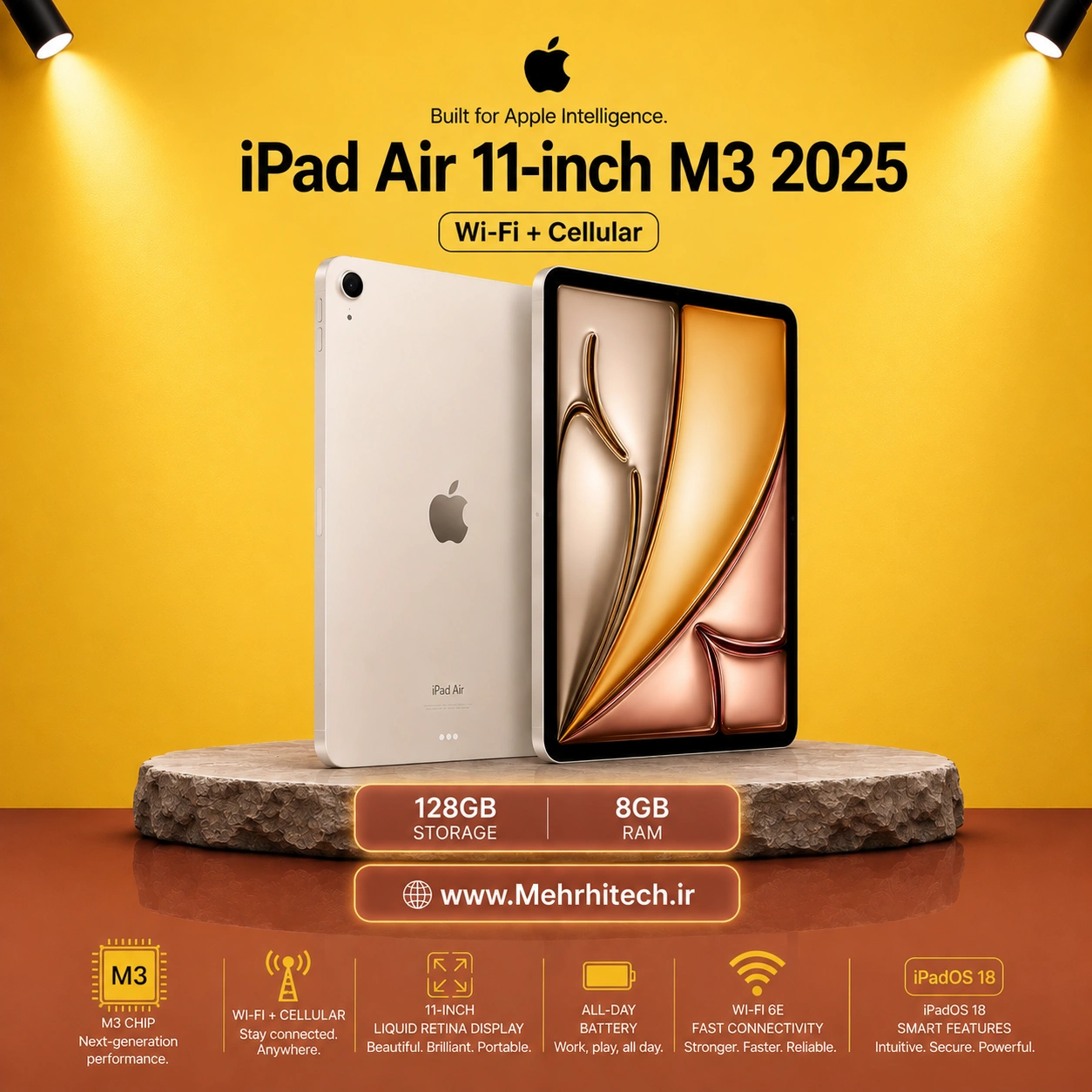 تبلت اپل مدل iPad Air 11-inch M3 2025 Wi-Fi + Cellular ظرفیت 128 گیگابایت رم 8 گیگابایت | نات اکتیو با گارانتی