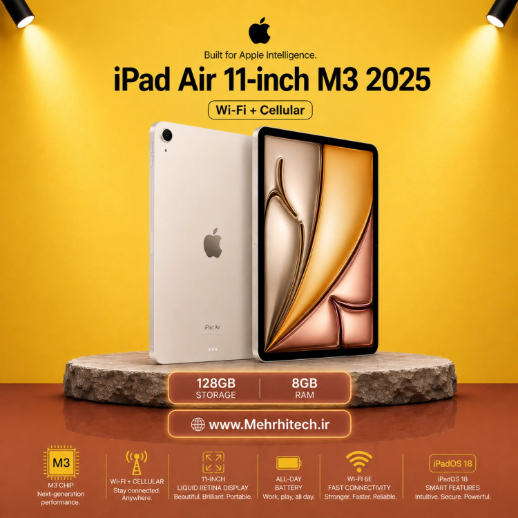تبلت اپل مدل iPad Air 11-inch M3 2025 Wi-Fi + Cellular ظرفیت 128 گیگابایت رم 8 گیگابایت | نات اکتیو با گارانتی