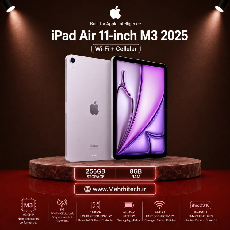 تبلت اپل مدل iPad Air 11-inch M3 2025 Wi-Fi + Cellular ظرفیت 256 گیگابایت رم 8 گیگابایت | نات اکتیو با گارانتی