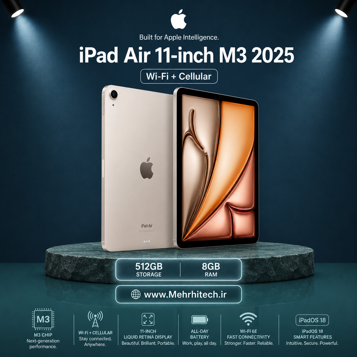 تبلت اپل مدل iPad Air 11-inch M3 2025 Wi-Fi + Cellular ظرفیت 512 گیگابایت رم 8 گیگابایت | نات اکتیو با گارانتی