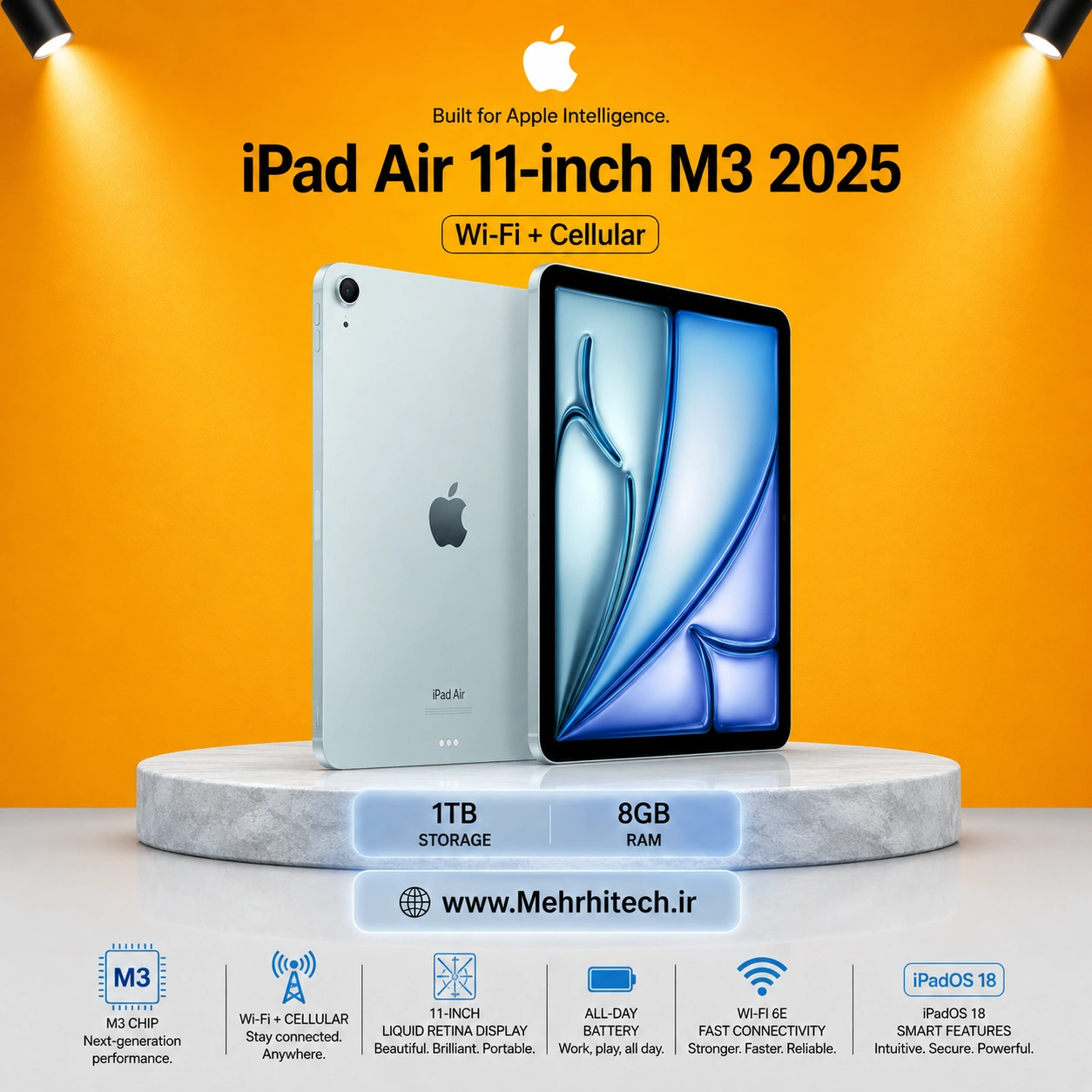 تبلت اپل مدل iPad Air 11-inch M3 2025 Wi-Fi + Cellular ظرفیت 1 ترابایت رم 8 گیگابایت | نات اکتیو با گارانتی