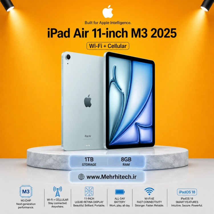 تبلت اپل مدل iPad Air 11-inch M3 2025 Wi-Fi + Cellular ظرفیت 1 ترابایت رم 8 گیگابایت | نات اکتیو با گارانتی