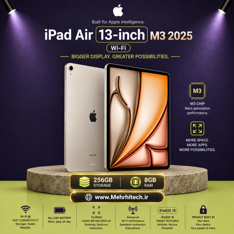 تبلت اپل مدل iPad Air 13-inch M3 2025 Wi-Fi ظرفیت 256 گیگابایت رم 8 گیگابایت