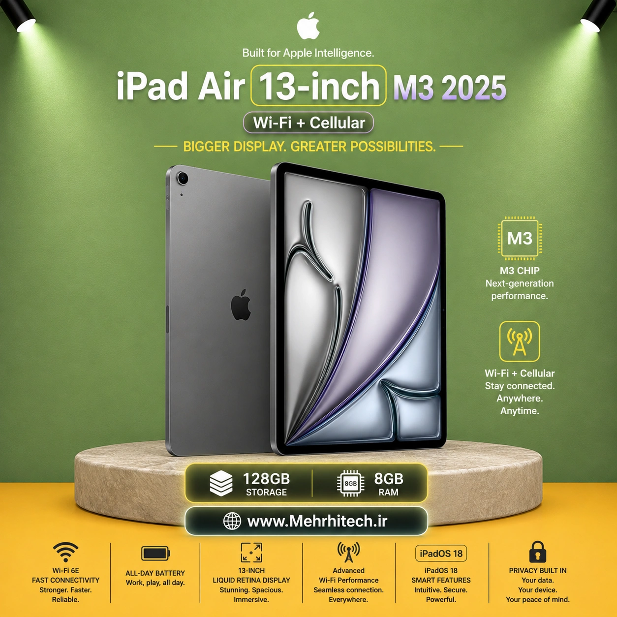 تبلت اپل مدل iPad Air 13-inch M3 2025 Wi-Fi + Cellular ظرفیت 128 گیگابایت رم 8 گیگابایت | نات اکتیو با گارانتی