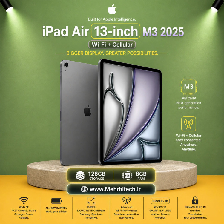 تبلت اپل مدل iPad Air 13-inch M3 2025 Wi-Fi + Cellular ظرفیت 128 گیگابایت رم 8 گیگابایت | نات اکتیو با گارانتی