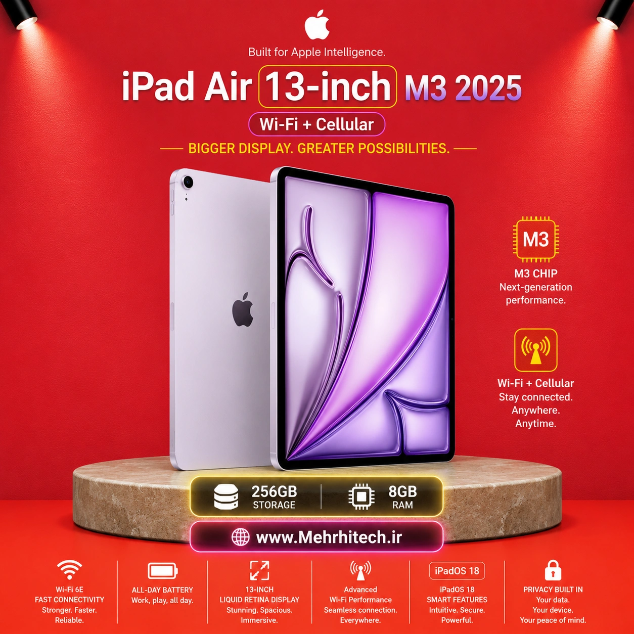 تبلت اپل مدل iPad Air 13-inch M3 2025 Wi-Fi + Cellular ظرفیت 256 گیگابایت رم 8 گیگابایت | نات اکتیو با گارانتی