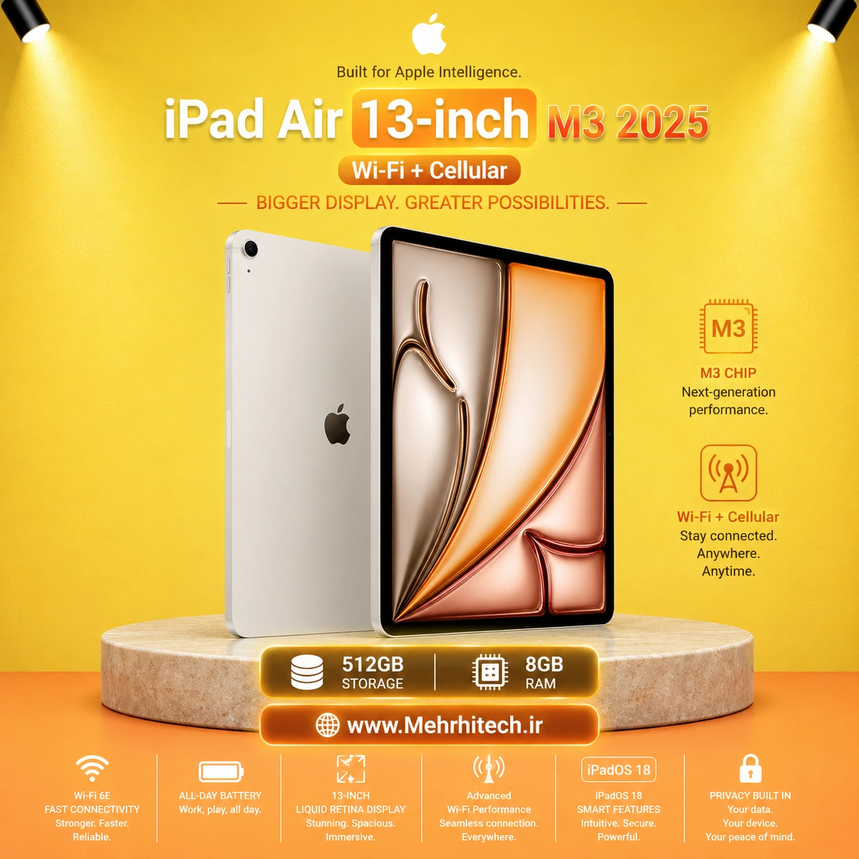 تبلت اپل مدل iPad Air 13-inch M3 2025 Wi-Fi + Cellular ظرفیت 512 گیگابایت رم 8 گیگابایت | نات اکتیو با گارانتی