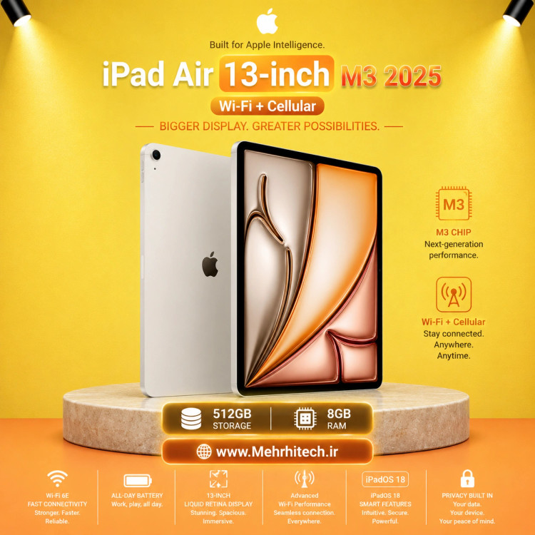 تبلت اپل مدل iPad Air 13-inch M3 2025 Wi-Fi + Cellular ظرفیت 512 گیگابایت رم 8 گیگابایت | نات اکتیو با گارانتی