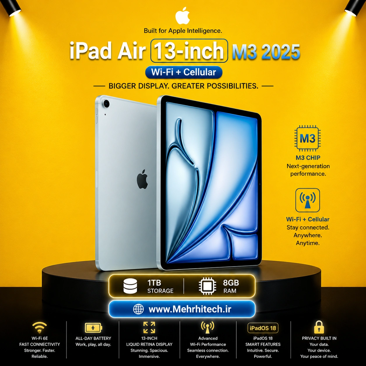 تبلت اپل مدل iPad Air 13-inch M3 2025 Wi-Fi + Cellular ظرفیت 1 ترابایت رم 8 گیگابایت | نات اکتیو با گارانتی