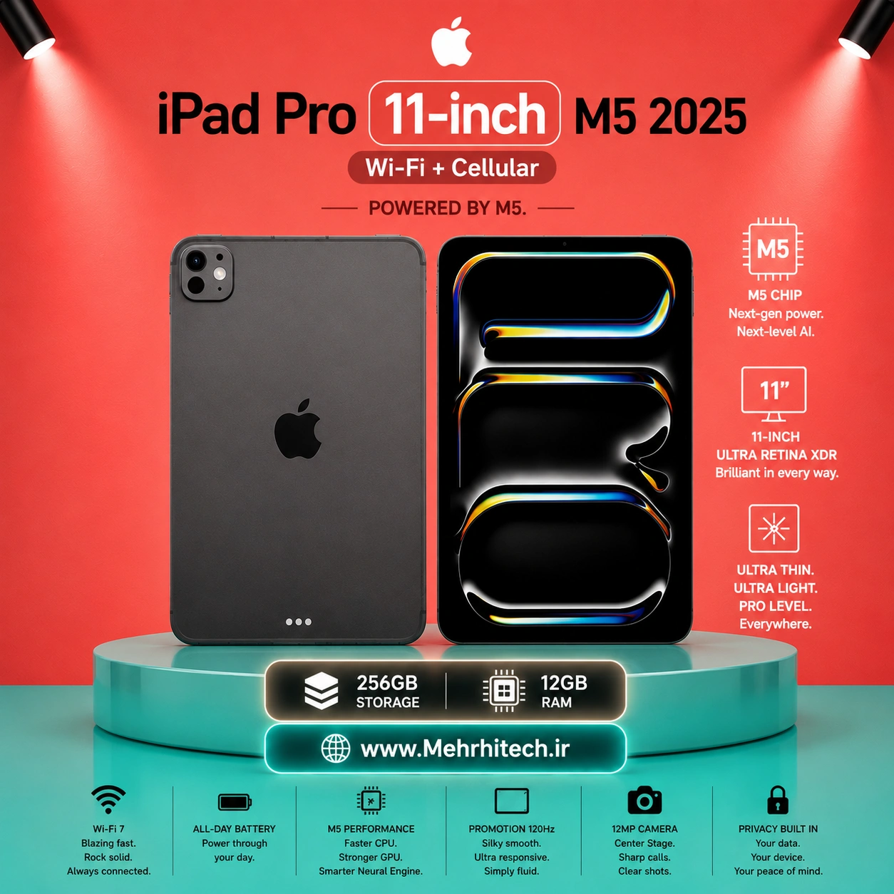 تبلت اپل مدل iPad Pro 11-inch M5 2025 Wi-Fi + Cellular ظرفیت 256 گیگابایت رم 12 گیگابایت | نات اکتیو با گارانتی