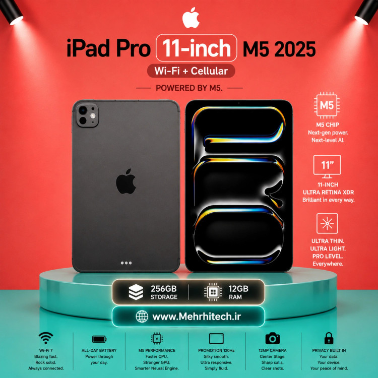 تبلت اپل مدل iPad Pro 11-inch M5 2025 Wi-Fi + Cellular ظرفیت 256 گیگابایت رم 12 گیگابایت | نات اکتیو با گارانتی