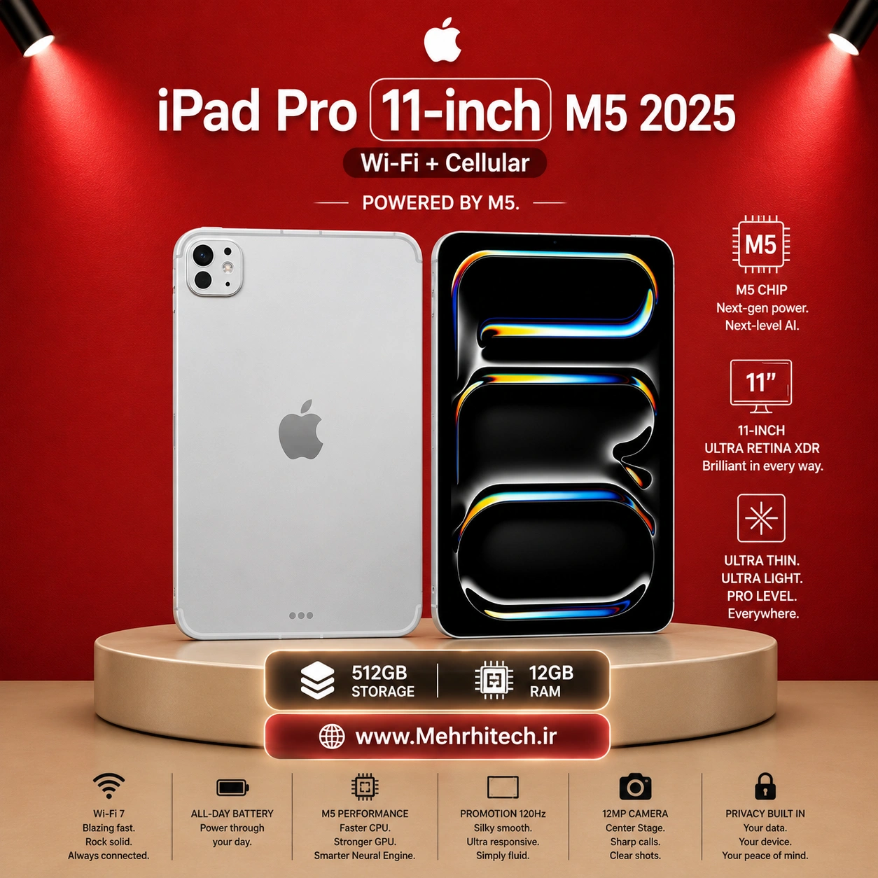 تبلت اپل مدل iPad Pro 11-inch M5 2025 Wi-Fi + Cellular ظرفیت 512 گیگابایت رم 12 گیگابایت | نات اکتیو با گارانتی