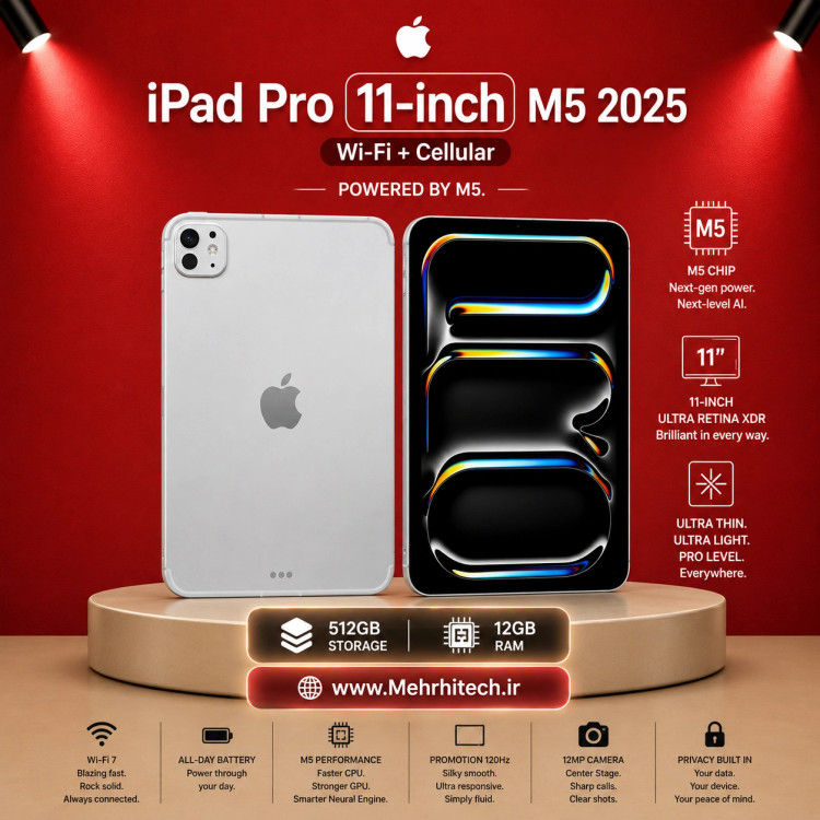تبلت اپل مدل iPad Pro 11-inch M5 2025 Wi-Fi + Cellular ظرفیت 512 گیگابایت رم 12 گیگابایت | نات اکتیو با گارانتی