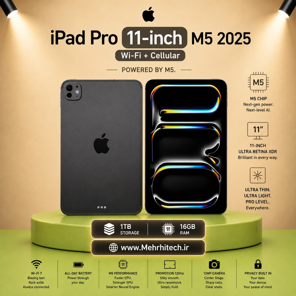 تبلت اپل مدل iPad Pro 11-inch M5 2025 Wi-Fi + Cellular ظرفیت 1 ترابایت رم 16 گیگابایت | نات اکتیو با گارانتی