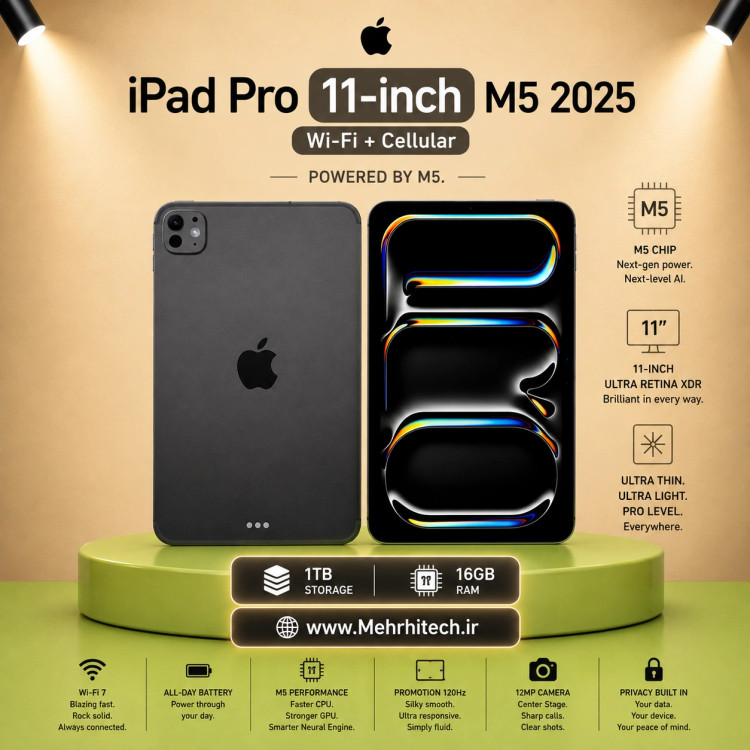 تبلت اپل مدل iPad Pro 11-inch M5 2025 Wi-Fi + Cellular ظرفیت 1 ترابایت رم 16 گیگابایت | نات اکتیو با گارانتی