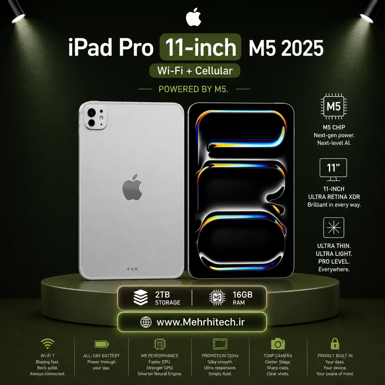تبلت اپل مدل iPad Pro 11-inch M5 2025 Wi-Fi + Cellular ظرفیت 2 ترابایت رم 16 گیگابایت | نات اکتیو با گارانتی
