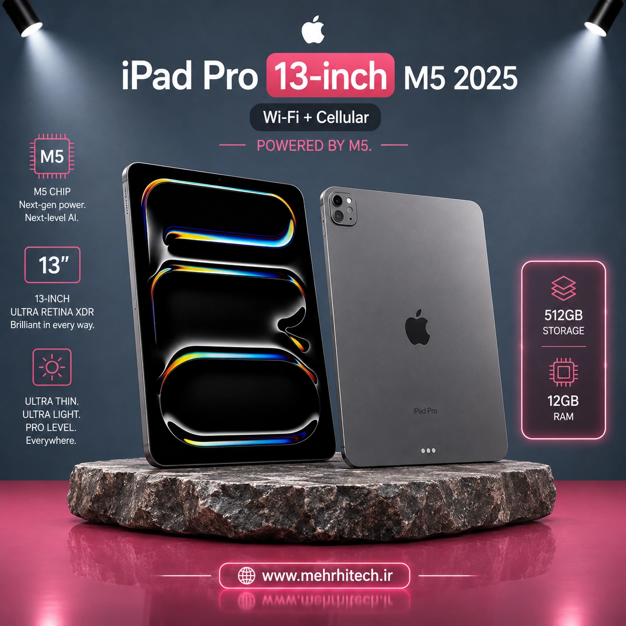 تبلت اپل مدل iPad Pro 13-inch M5 2025 Wi-Fi + Cellular ظرفیت 512 گیگابایت رم 12 گیگابایت | نات اکتیو با گارانتی
