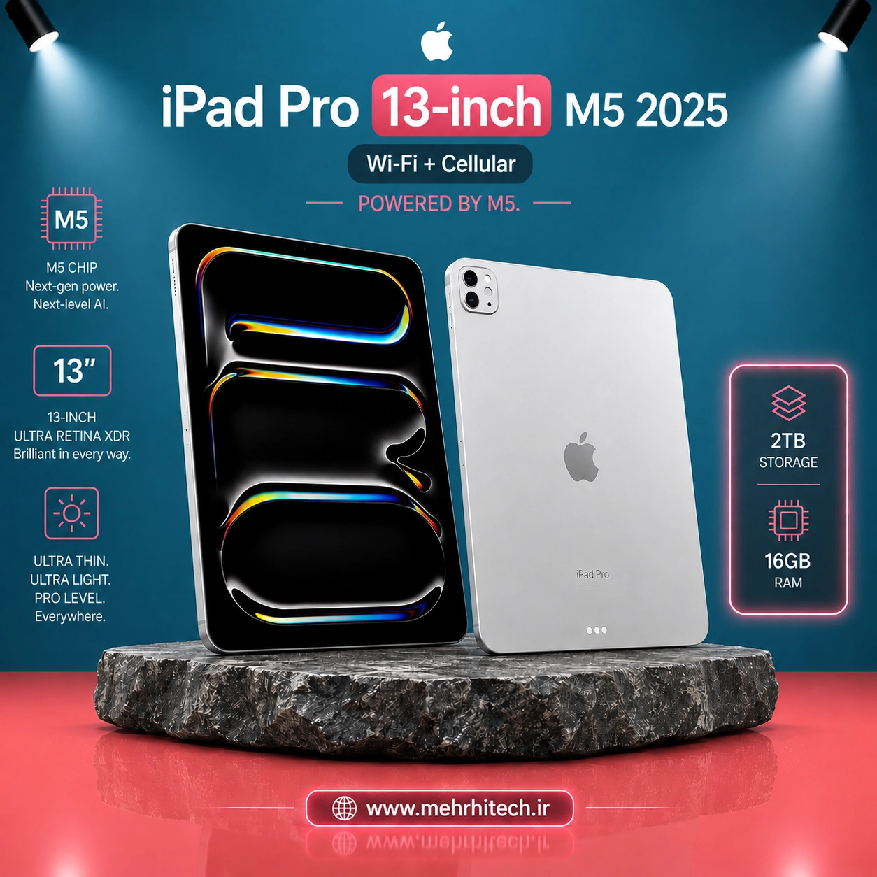 تبلت اپل مدل iPad Pro 13-inch M5 2025 Wi-Fi + Cellular ظرفیت 2 ترابایت رم 16 گیگابایت | نات اکتیو با گارانتی