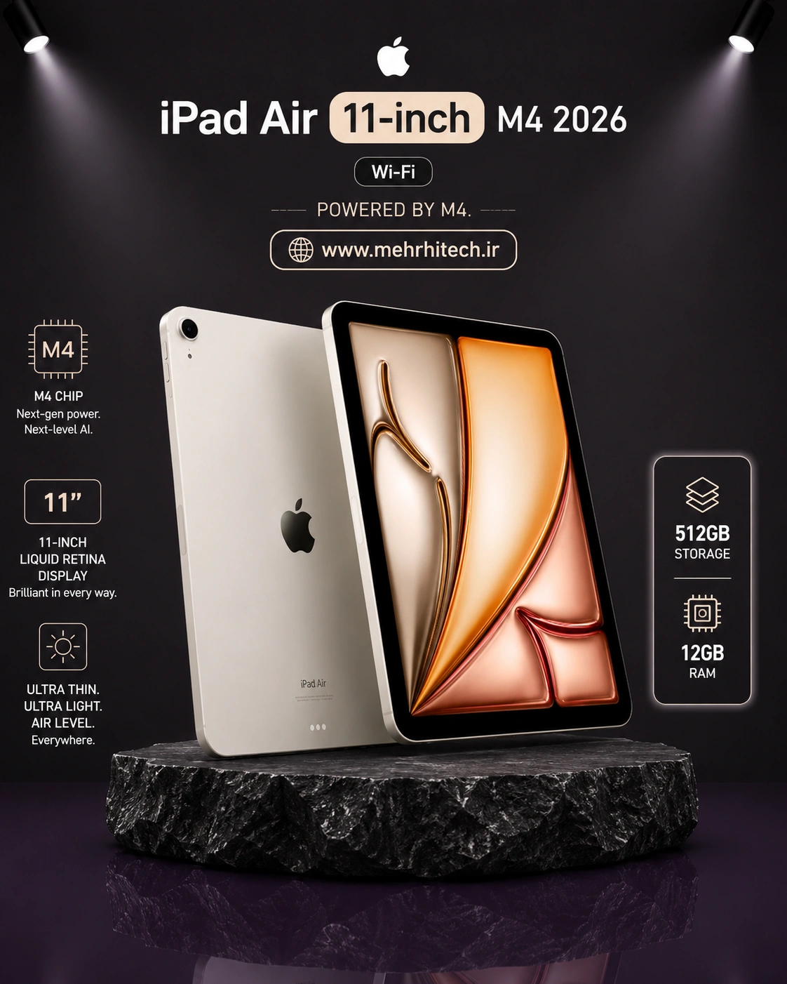 تبلت اپل مدل iPad Air 11-inch M4 2026 Wi-Fi ظرفیت 512 گیگابایت رم 12 گیگابایت