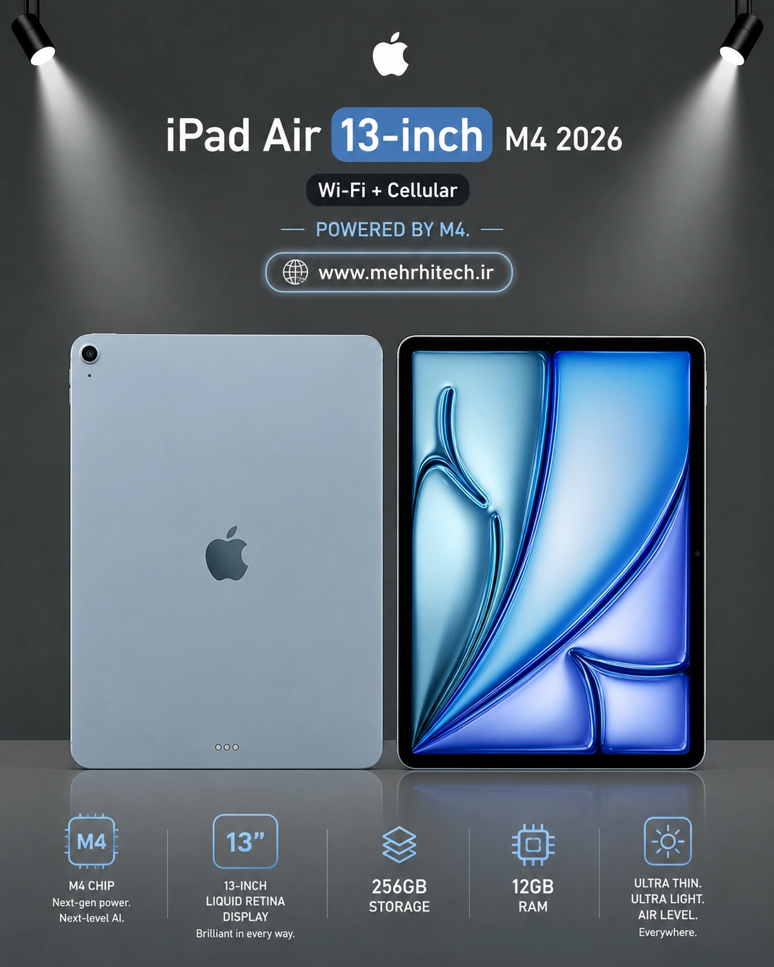 تبلت اپل مدل iPad Air 13-inch M4 2026 Wi-Fi + Cellular ظرفیت 256 گیگابایت رم 12 گیگابایت | نات اکتیو با گارانتی