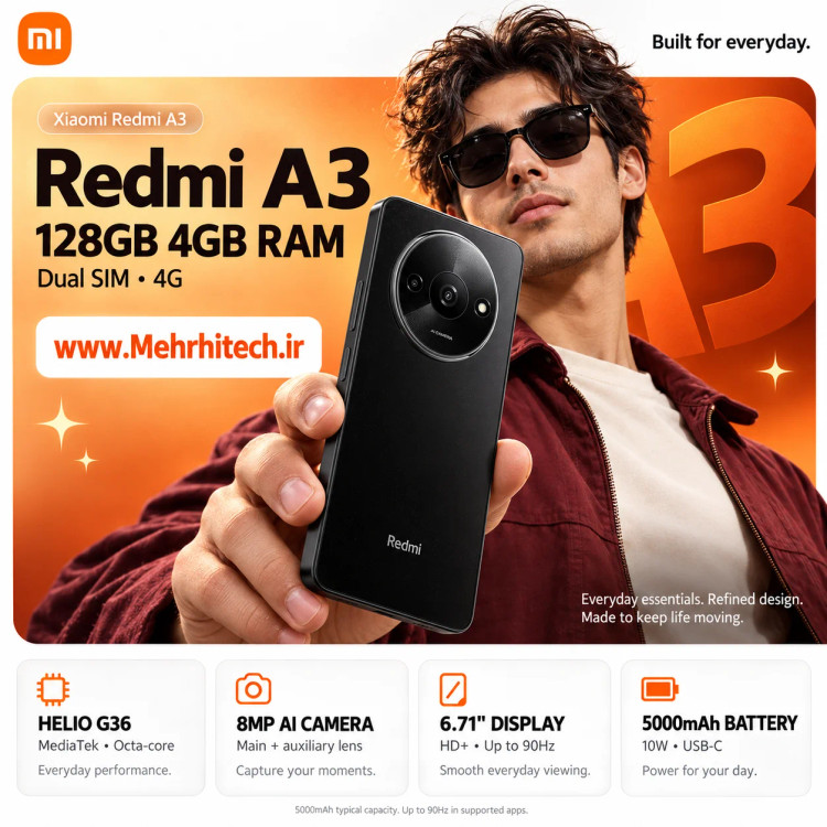گوشی موبایل شیائومی مدل Redmi A3 دو سیم کارت ظرفیت 128 گیگابایت و رم 4 گیگابایت