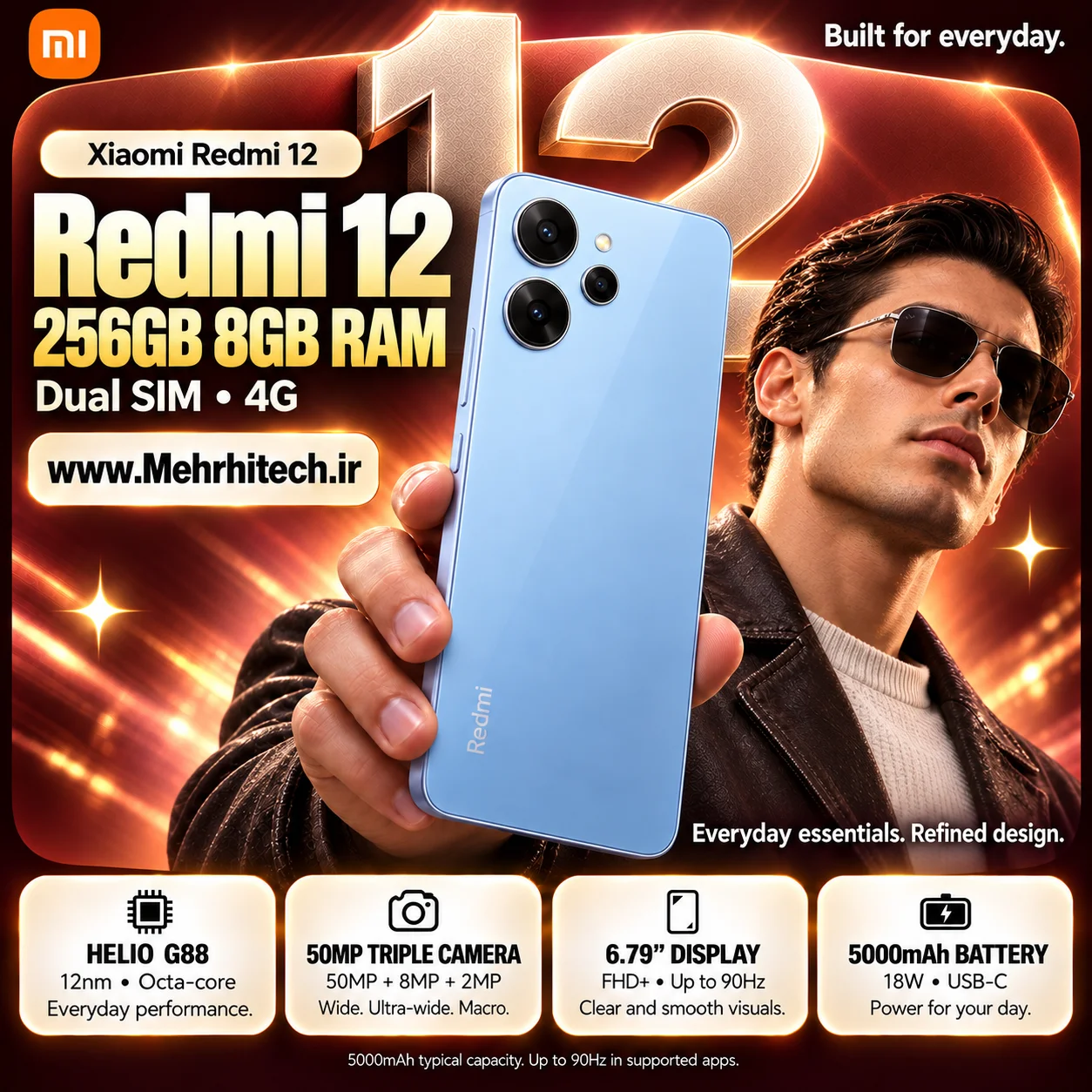 گوشی موبایل شیائومی مدل Redmi 12 4G دو سیم کارت ظرفیت 256 گیگابایت و رم 8 گیگابایت